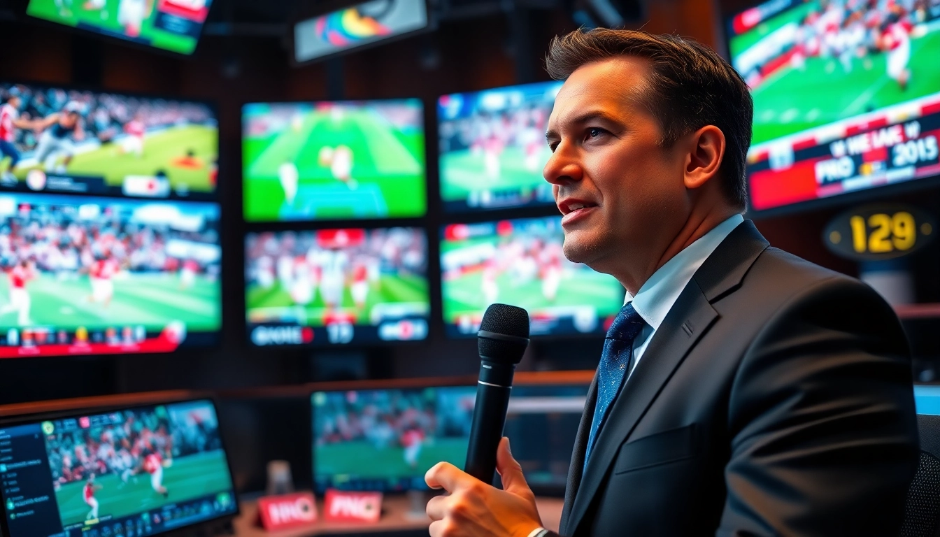 Sports Broadcasting professional delivering live commentary in modern studio setting.