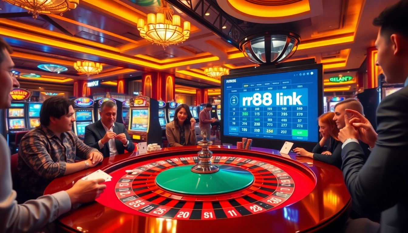 Players engaging with the rr88 link in a dynamic, luxurious casino setting.