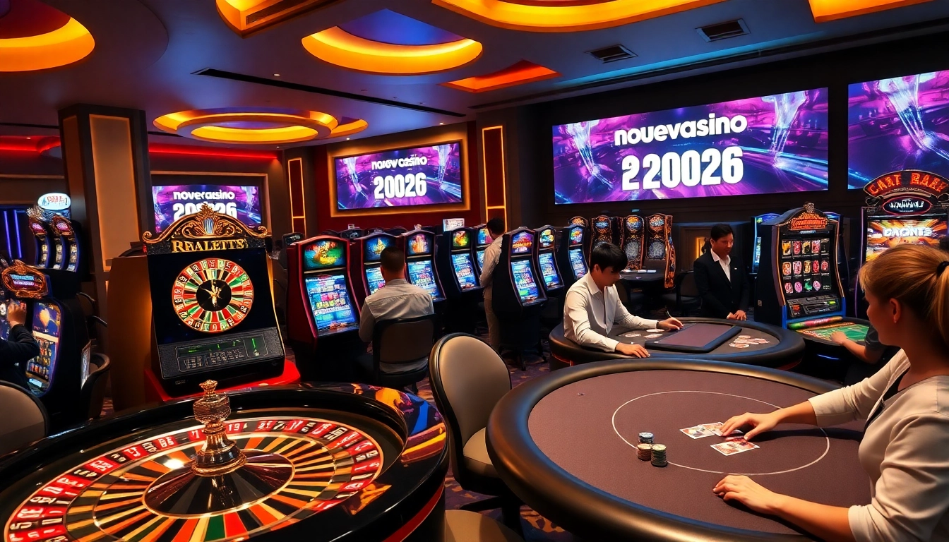 A thrilling atmosphere at a nouveau casino en ligne 2026, featuring poker and roulette tables with players enjoying their gambling experience.