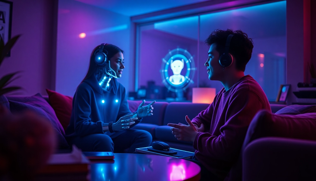 Engaging scene of free AI sex chat between a user and a holographic chatbot in a cozy lounge.